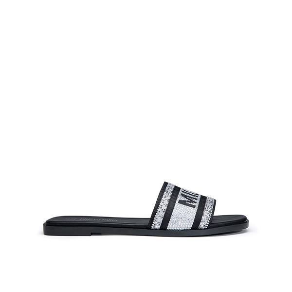 Square Toe Flat Slide Sandals - BLACK-RHINESTONE - 3